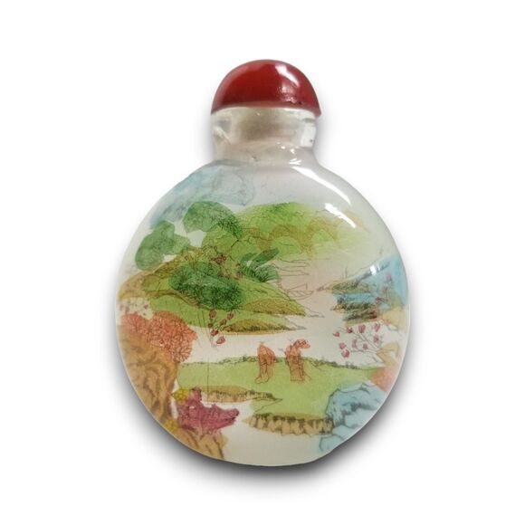 VTG Chinese Reverse Painted Glass Mountain Landscape Snuff Bottle Red Stopper - Picture 4 of 6